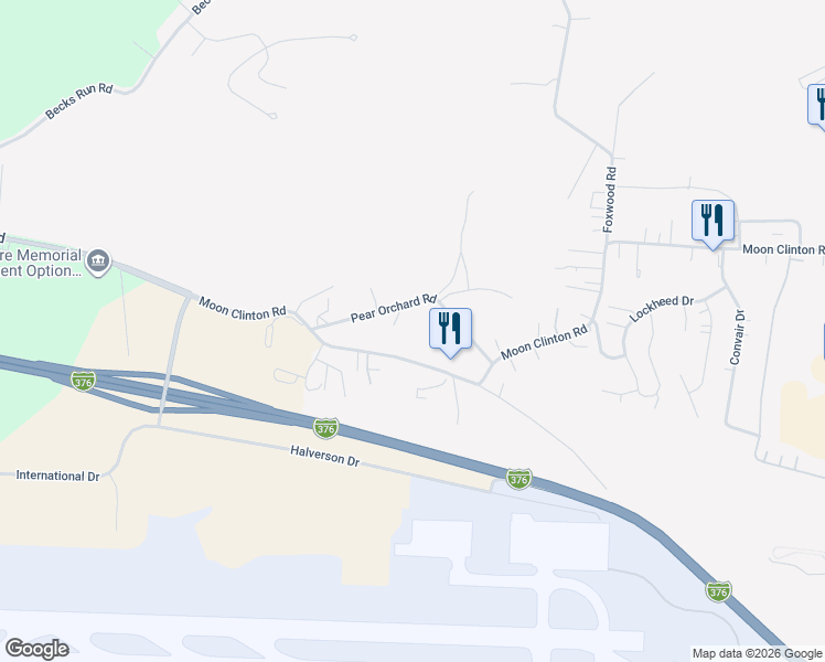 map of restaurants, bars, coffee shops, grocery stores, and more near 1377 Gringo Clinton Road in Coraopolis