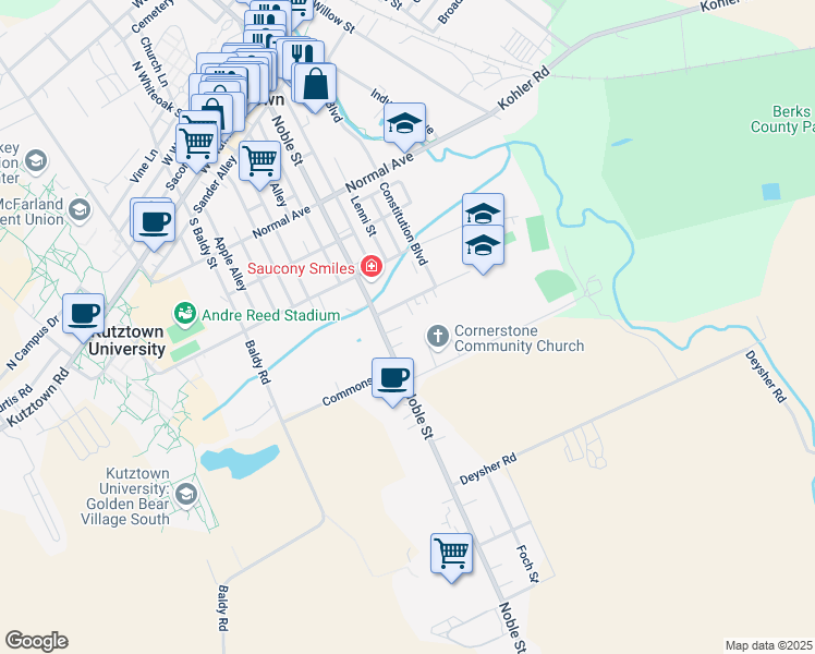 map of restaurants, bars, coffee shops, grocery stores, and more near 422 Noble Street in Kutztown