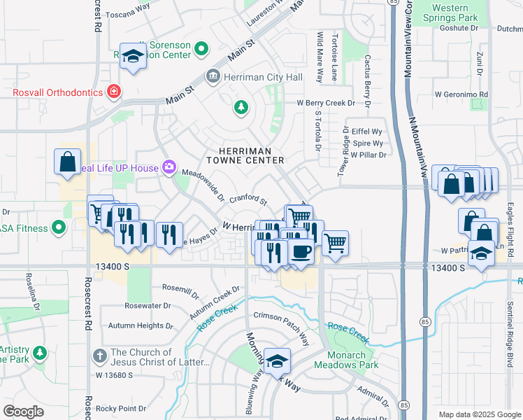 map of restaurants, bars, coffee shops, grocery stores, and more near 13279 Parkview Rise Lane in Herriman