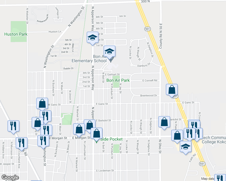 map of restaurants, bars, coffee shops, grocery stores, and more near 2444 North Purdum Street in Kokomo