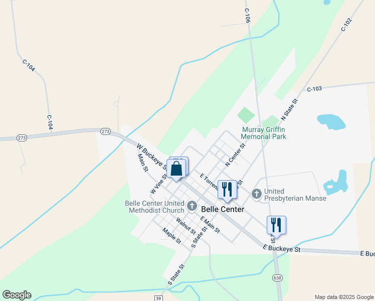 map of restaurants, bars, coffee shops, grocery stores, and more near 205 West Vine Street in Belle Center