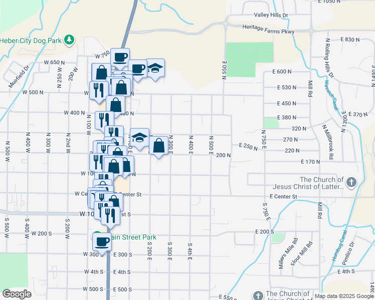 map of restaurants, bars, coffee shops, grocery stores, and more near 215 North 400 East in Heber City