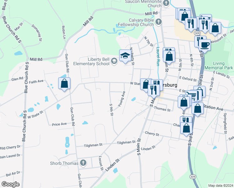 map of restaurants, bars, coffee shops, grocery stores, and more near 824 West Station Avenue in Coopersburg