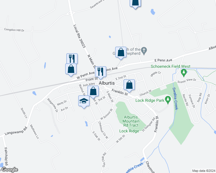 map of restaurants, bars, coffee shops, grocery stores, and more near 215 Franklin Street in Alburtis