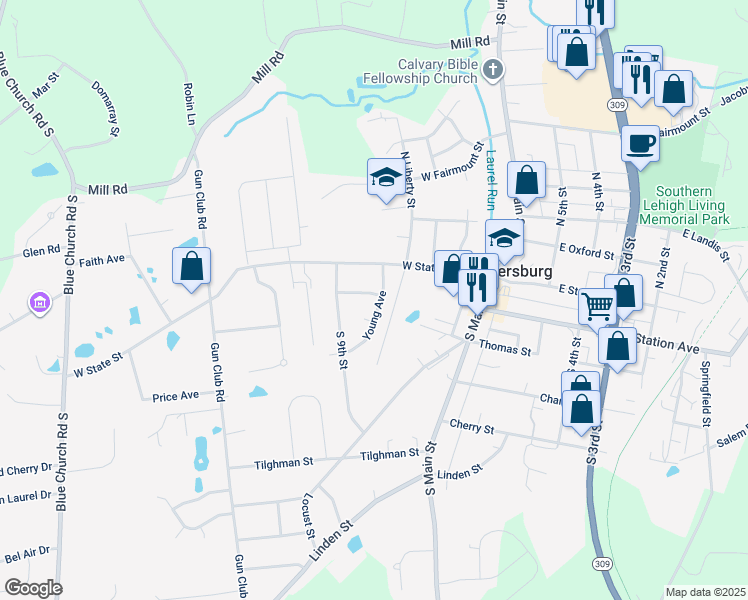 map of restaurants, bars, coffee shops, grocery stores, and more near 107 Young Avenue in Coopersburg