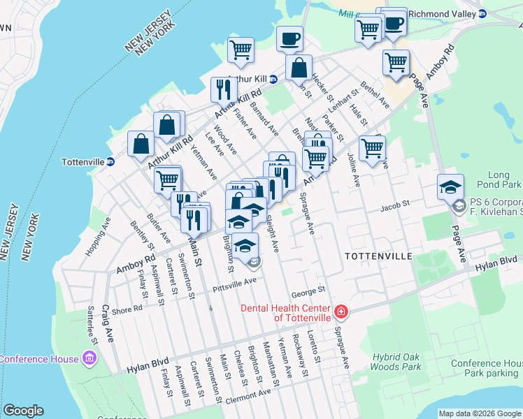 map of restaurants, bars, coffee shops, grocery stores, and more near 350 Lee Avenue in Staten Island