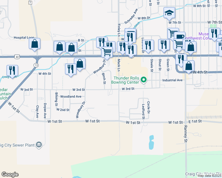 map of restaurants, bars, coffee shops, grocery stores, and more near 1380 W 3rd St in Craig