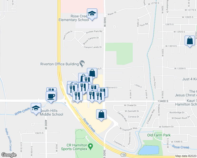 map of restaurants, bars, coffee shops, grocery stores, and more near 13319 South 3600 West in Riverton