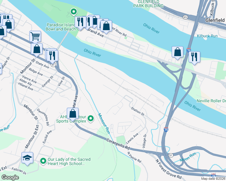 map of restaurants, bars, coffee shops, grocery stores, and more near 4678 Elizabeth Street in Coraopolis