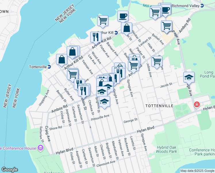 map of restaurants, bars, coffee shops, grocery stores, and more near 7357 Amboy Road in Staten Island