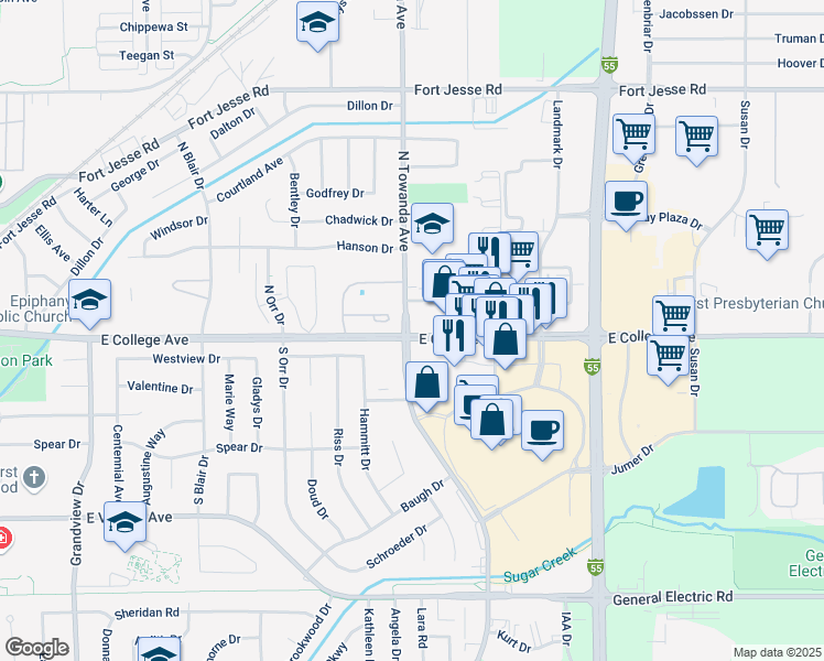 map of restaurants, bars, coffee shops, grocery stores, and more near 1500 E College Ave in Normal