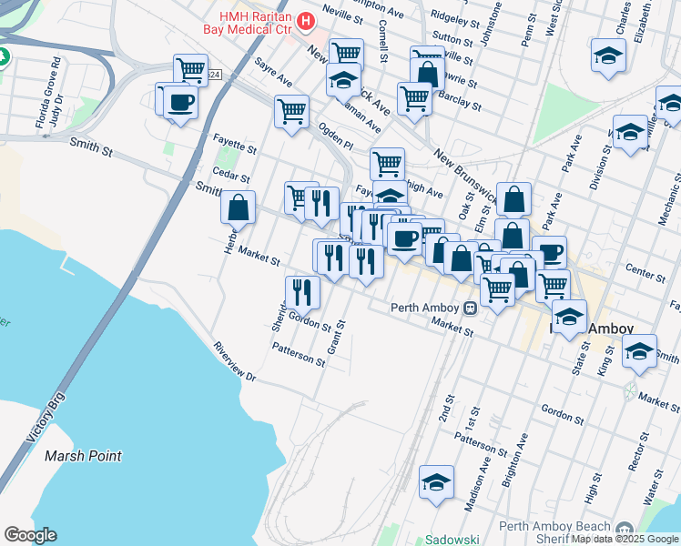 map of restaurants, bars, coffee shops, grocery stores, and more near 380 Market Street in Perth Amboy