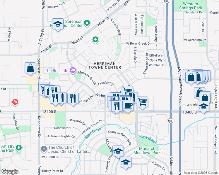 map of restaurants, bars, coffee shops, grocery stores, and more near 5168 West Shady Park Lane in Herriman