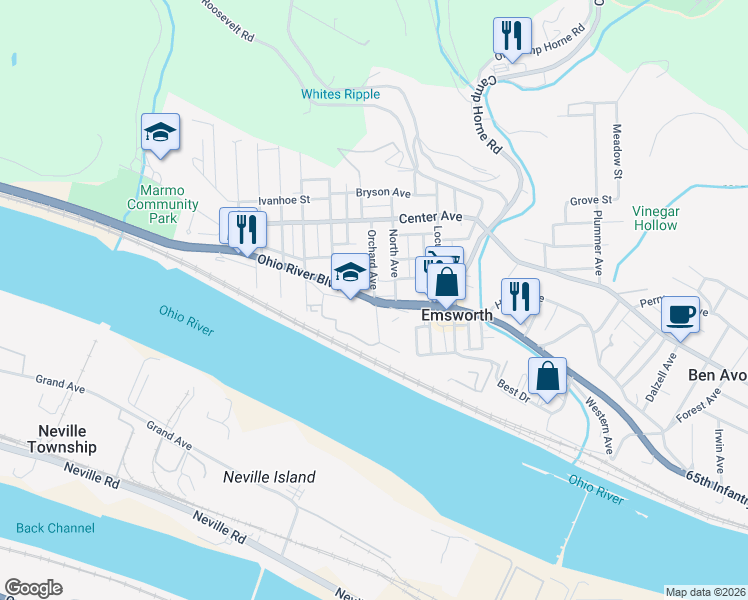 map of restaurants, bars, coffee shops, grocery stores, and more near Ohio River Boulevard & Maple Avenue in Emsworth
