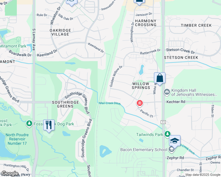 map of restaurants, bars, coffee shops, grocery stores, and more near 400 Willow Springs Way in Fort Collins