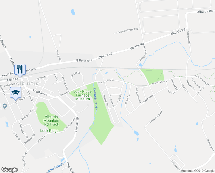 map of restaurants, bars, coffee shops, grocery stores, and more near 7739 Racite Road in Macungie