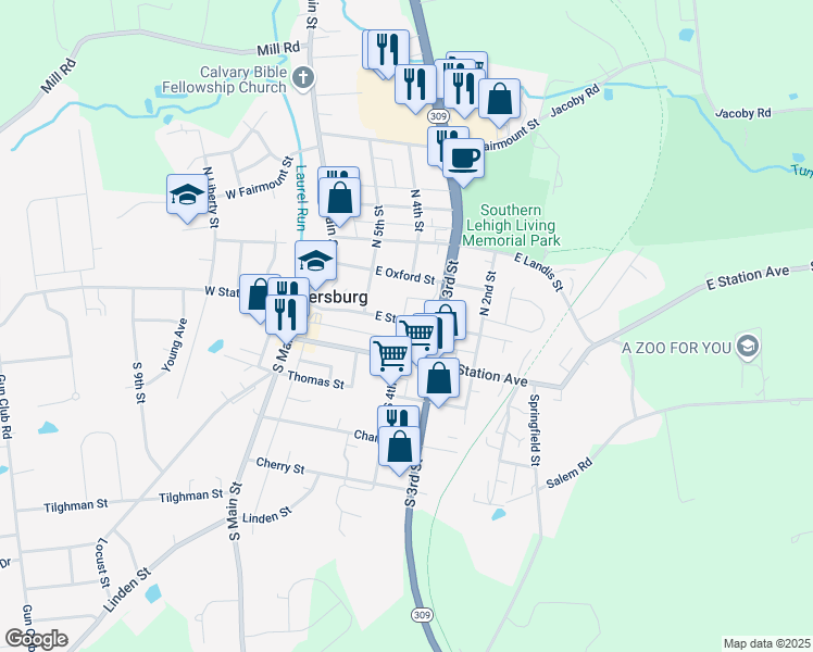 map of restaurants, bars, coffee shops, grocery stores, and more near 334 East State Street in Coopersburg