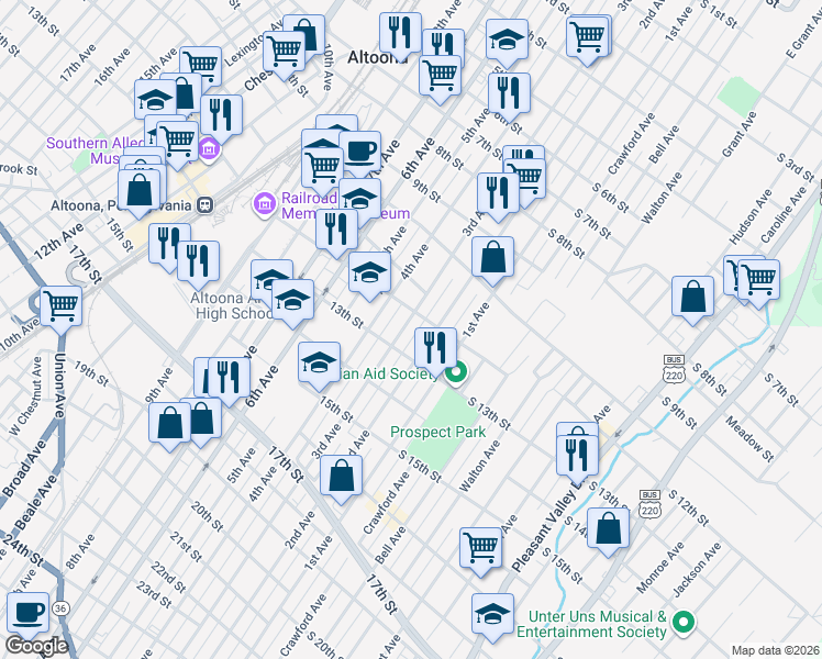 map of restaurants, bars, coffee shops, grocery stores, and more near 1200-06 2nd Avenue in Altoona