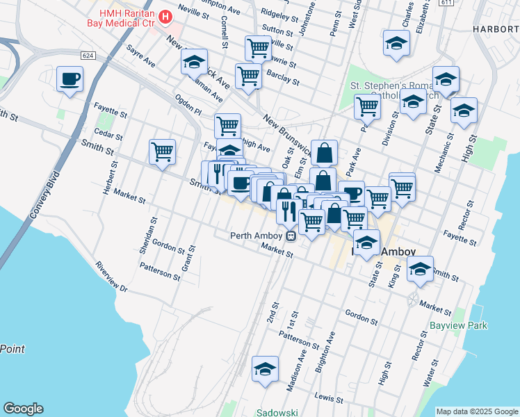 map of restaurants, bars, coffee shops, grocery stores, and more near 293 Smith St in Perth Amboy