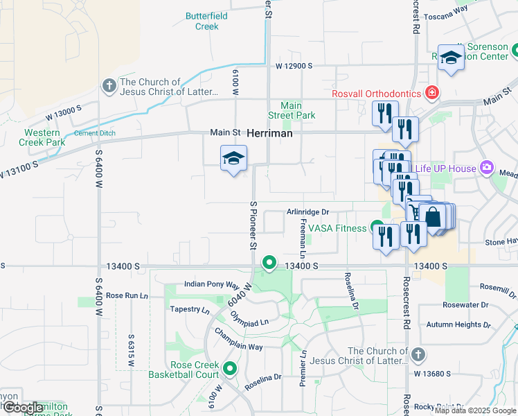 map of restaurants, bars, coffee shops, grocery stores, and more near 5992 Arlinridge Drive in Herriman