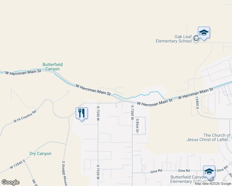 map of restaurants, bars, coffee shops, grocery stores, and more near 7389 West Butter Hollow Circle in Herriman