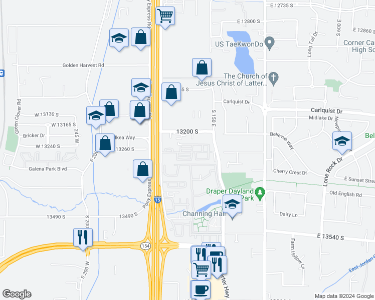 map of restaurants, bars, coffee shops, grocery stores, and more near 144 13200 South in Draper