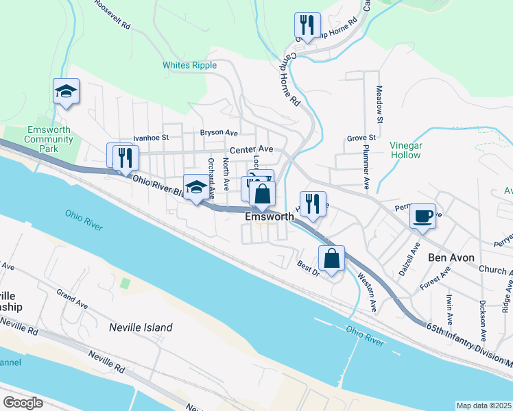 map of restaurants, bars, coffee shops, grocery stores, and more near 8150 Ohio River Boulevard in Pittsburgh