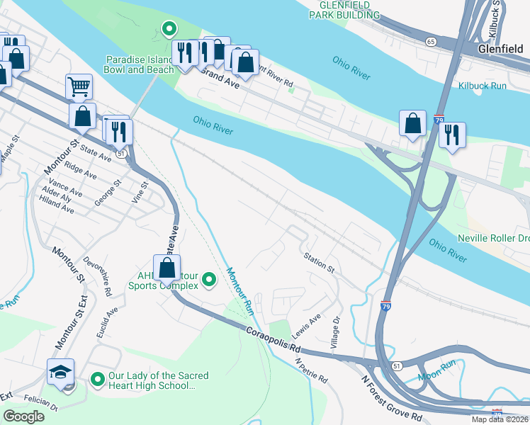 map of restaurants, bars, coffee shops, grocery stores, and more near 4678 Elizabeth Street in Coraopolis