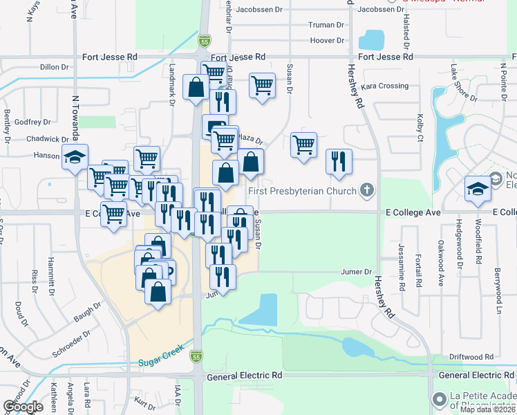 map of restaurants, bars, coffee shops, grocery stores, and more near 1712 E College Ave in Normal