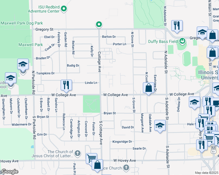 map of restaurants, bars, coffee shops, grocery stores, and more near 103 College Park Court in Normal