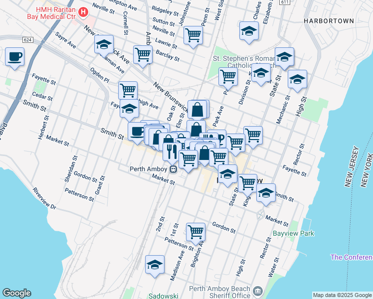 map of restaurants, bars, coffee shops, grocery stores, and more near 231-237 Jefferson Street in Perth Amboy