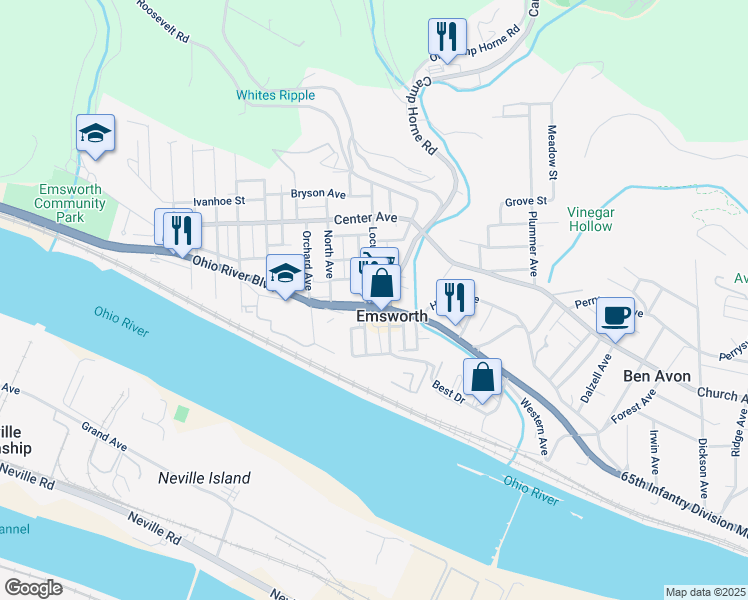 map of restaurants, bars, coffee shops, grocery stores, and more near 8150 Ohio River Boulevard in Pittsburgh