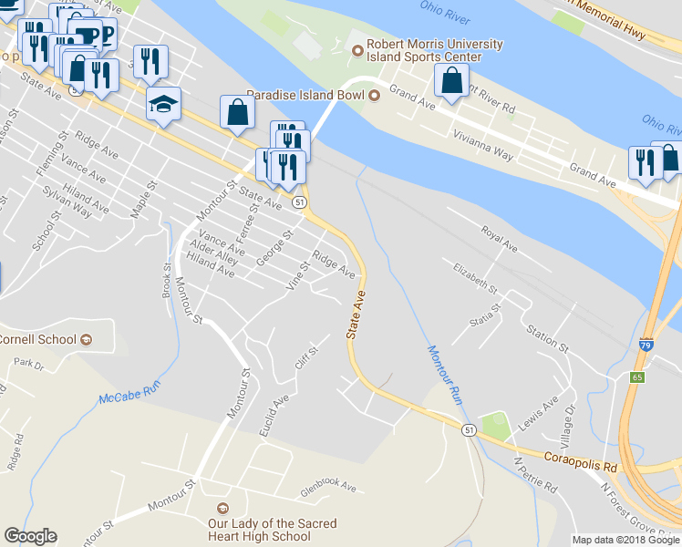 map of restaurants, bars, coffee shops, grocery stores, and more near 1900 Ridge Avenue in Coraopolis