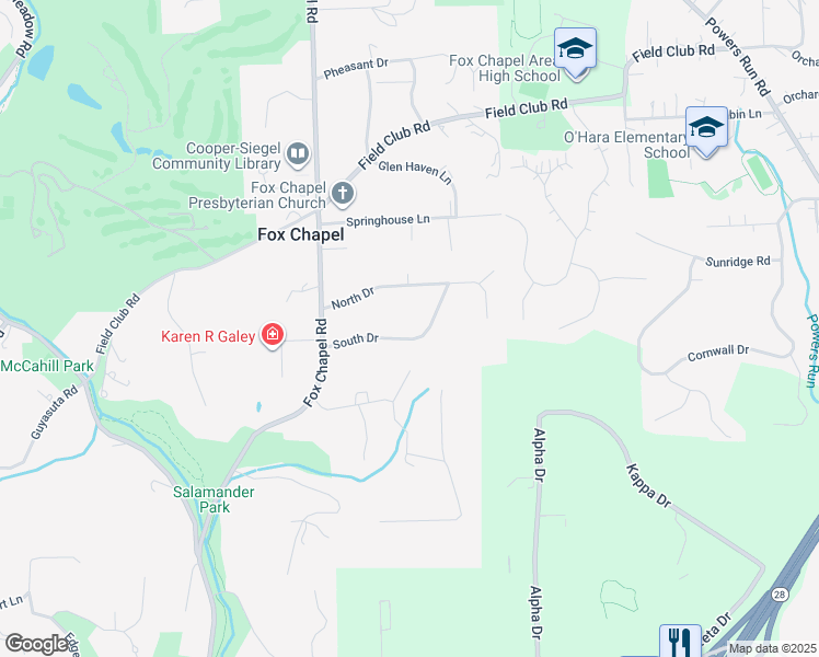 map of restaurants, bars, coffee shops, grocery stores, and more near 127 South Drive in Pittsburgh