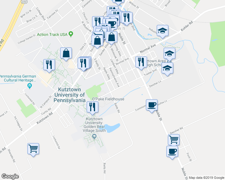 map of restaurants, bars, coffee shops, grocery stores, and more near 390 South Baldy Street in Kutztown