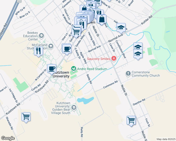 map of restaurants, bars, coffee shops, grocery stores, and more near 390 South Baldy Street in Kutztown