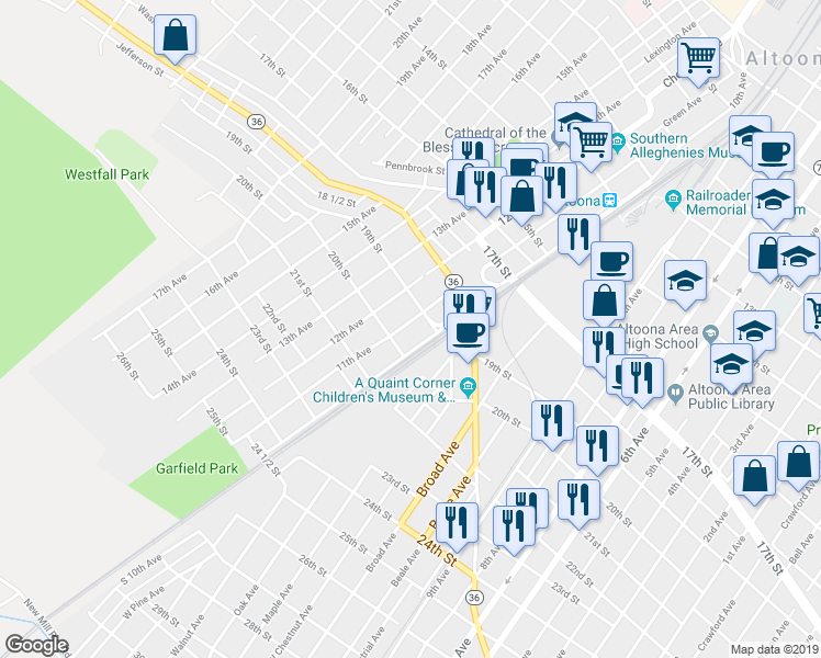 map of restaurants, bars, coffee shops, grocery stores, and more near 1913 11th Avenue in Altoona