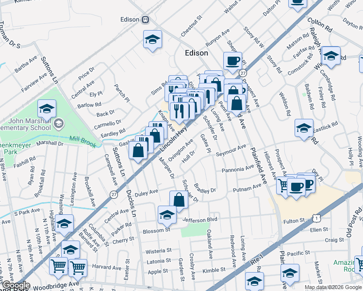 map of restaurants, bars, coffee shops, grocery stores, and more near 21 Ovington Avenue in Edison