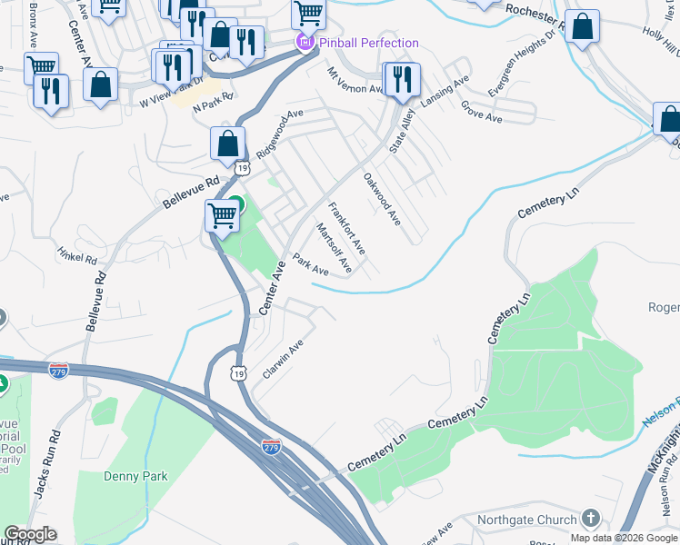 map of restaurants, bars, coffee shops, grocery stores, and more near 54 Park Avenue in West View