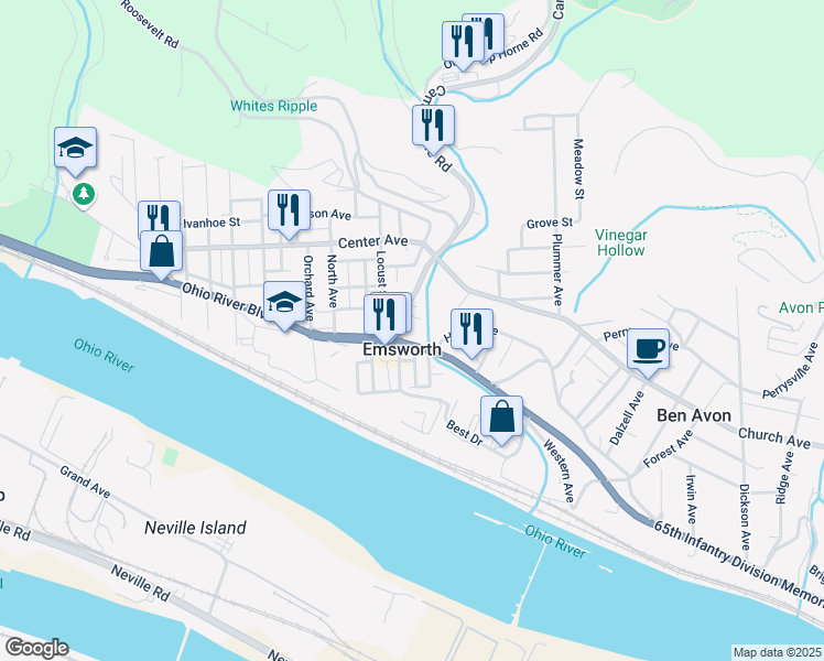 map of restaurants, bars, coffee shops, grocery stores, and more near 8136 Ohio River Boulevard in Pittsburgh