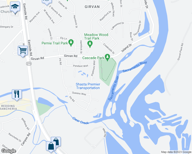 map of restaurants, bars, coffee shops, grocery stores, and more near 2740 Gemstone Court in Redding