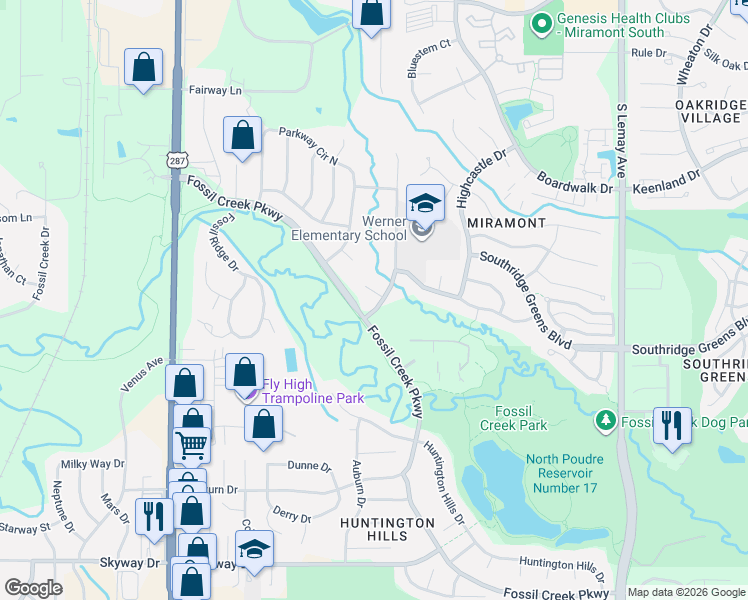 map of restaurants, bars, coffee shops, grocery stores, and more near 5505 Mail Creek Lane in Fort Collins