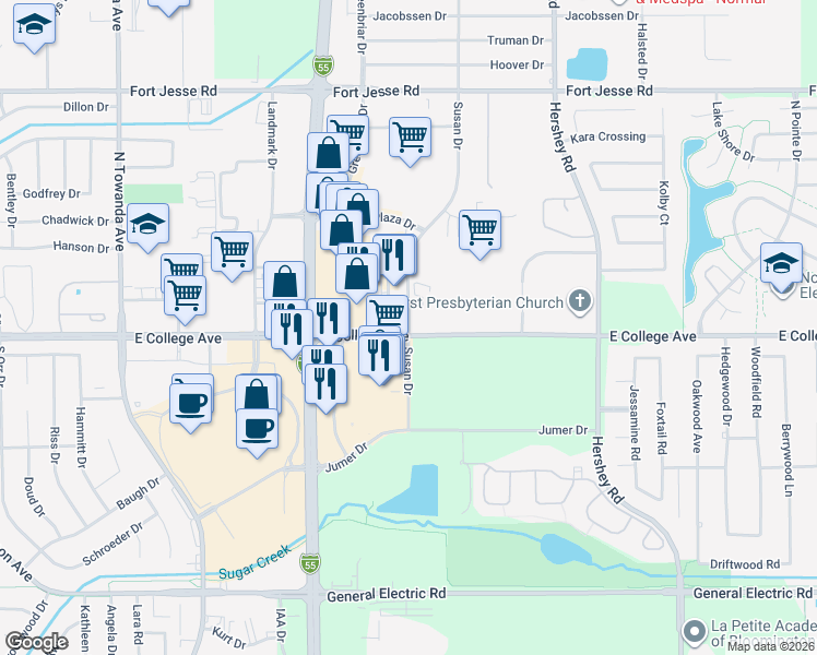 map of restaurants, bars, coffee shops, grocery stores, and more near 1712 E College Ave in Normal