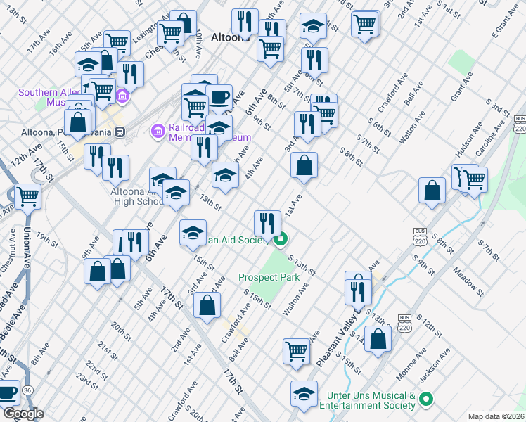 map of restaurants, bars, coffee shops, grocery stores, and more near 1200-06 2nd Avenue in Altoona