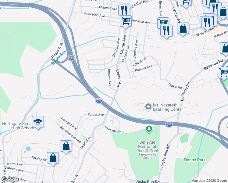 map of restaurants, bars, coffee shops, grocery stores, and more near 2 Oakridge Avenue in Pittsburgh