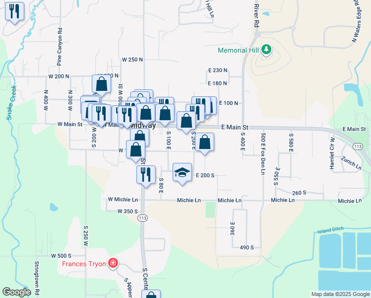 map of restaurants, bars, coffee shops, grocery stores, and more near 165 East 100 South in Midway