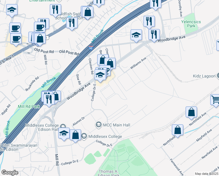 map of restaurants, bars, coffee shops, grocery stores, and more near 16 Vincent Behan Boulevard in Edison