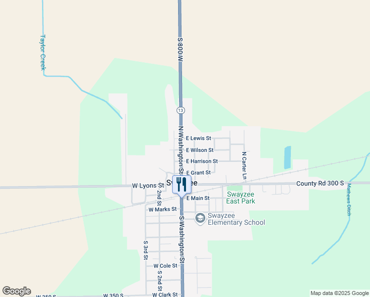 map of restaurants, bars, coffee shops, grocery stores, and more near 105 E Wilson St in Swayzee