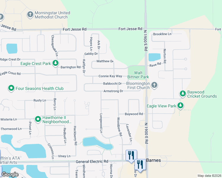 map of restaurants, bars, coffee shops, grocery stores, and more near 3610 Armstrong Drive in Bloomington
