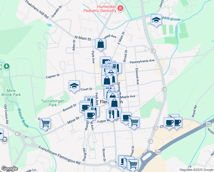 map of restaurants, bars, coffee shops, grocery stores, and more near 71 Main Street in Flemington